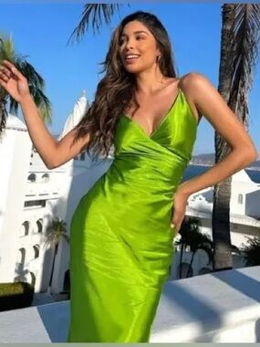 Zara lime green satin midi slip dress